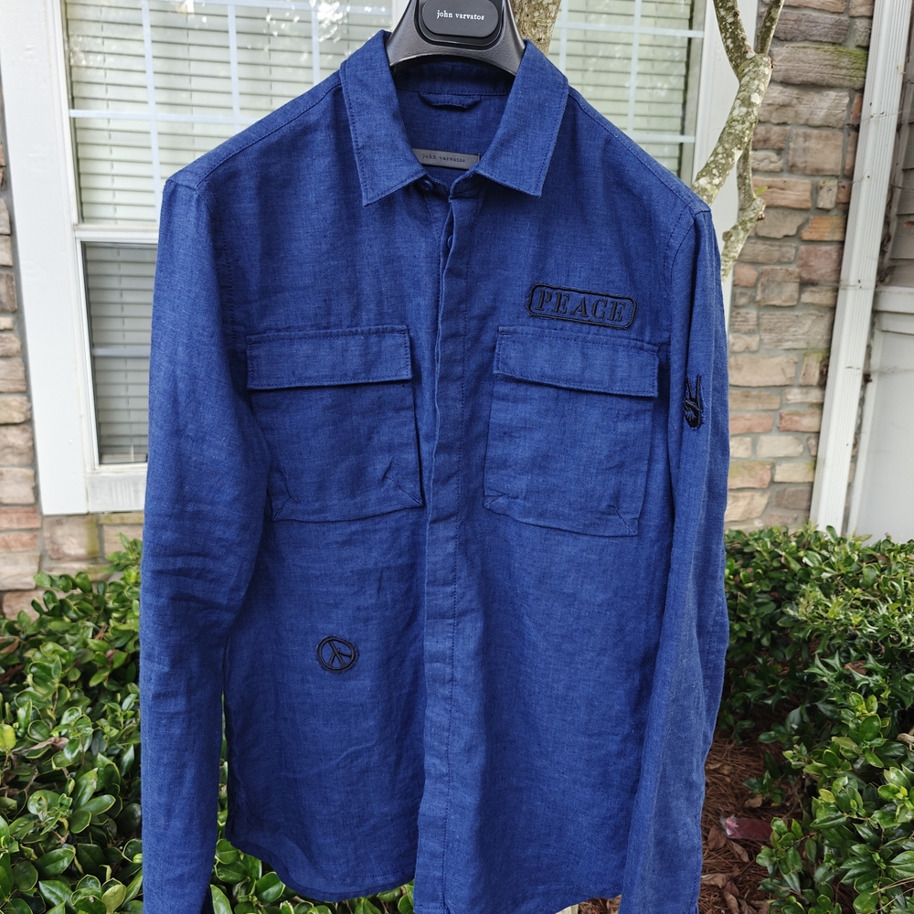John Varvatos Blue Long Sleeve Shirt with Peace Embroidery